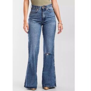 Wrangler Blue Flare Wide Leg Jeans with Distressed Details